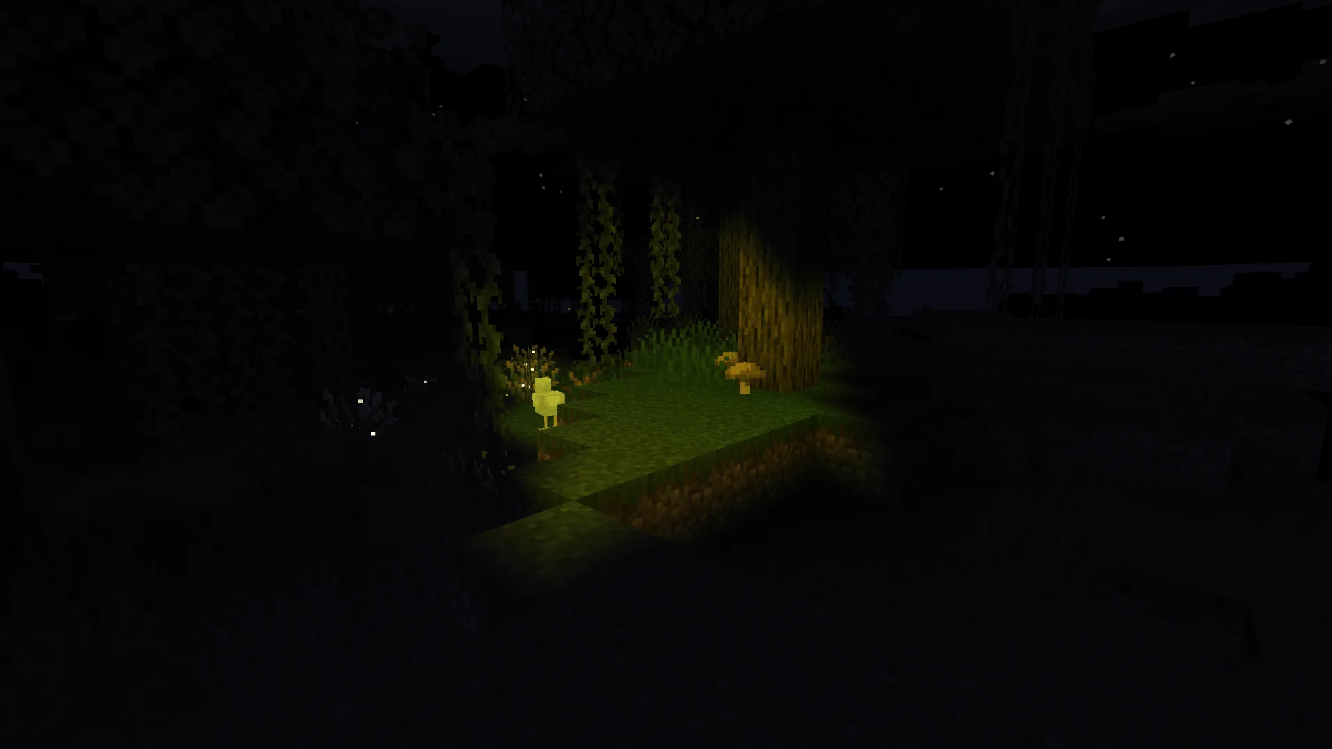 Фонарик в Minecraft освещает поверхность ночью.