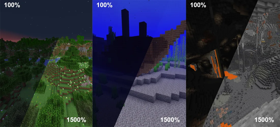 Сравнение яркости в Minecraft: стандартное значение против 1500% Gamma с модом Gamma Utils.