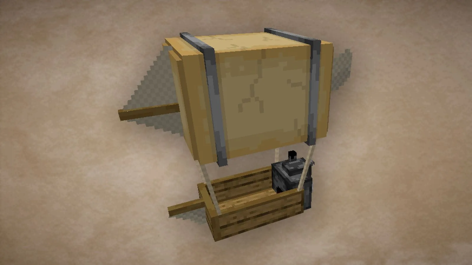 Деревянный дирижабль из мода Immersive Aircraft, парящий в небе над Minecraft-миром.