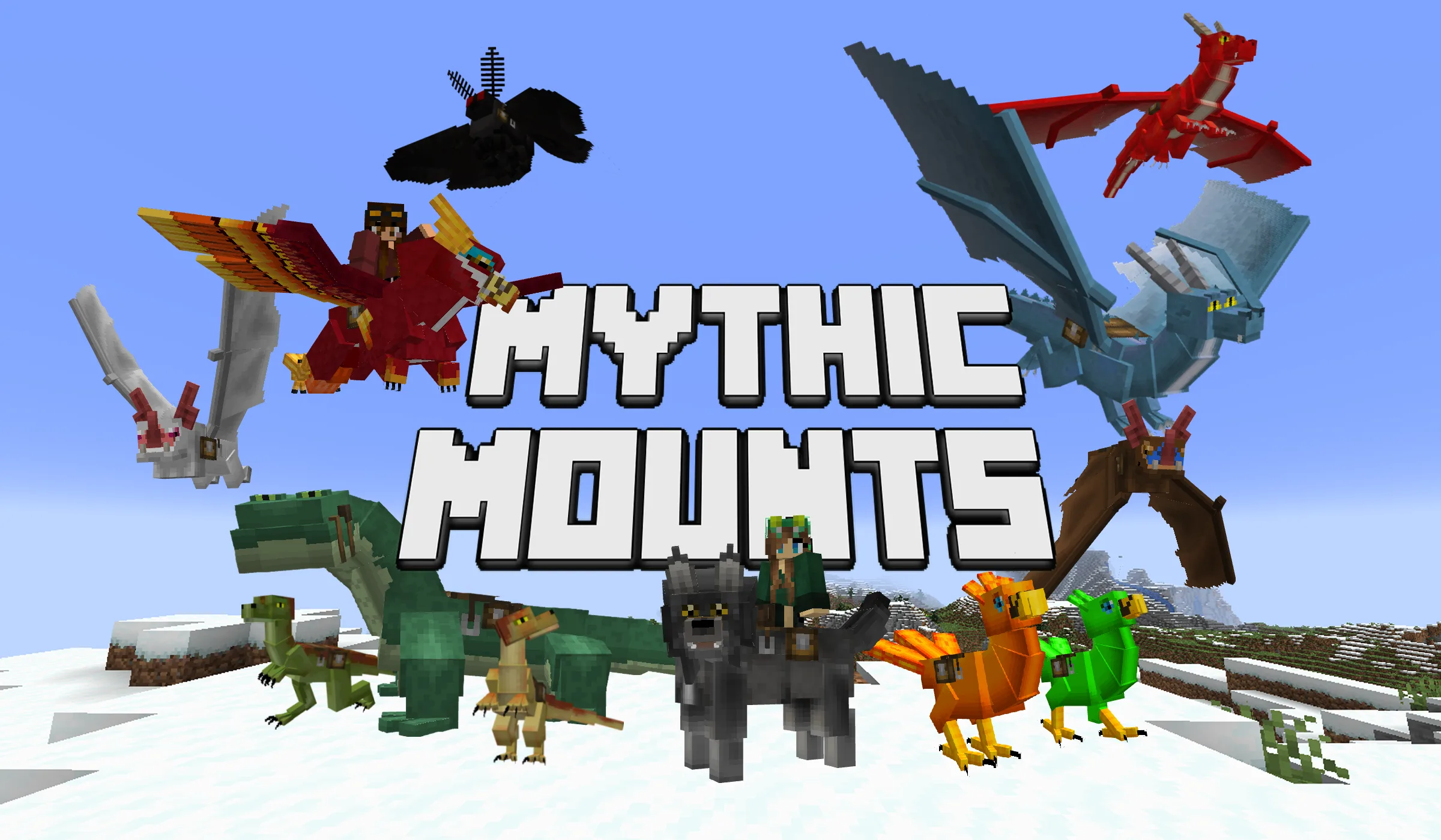 Баннер проекта Mythic Mounts с изображением ездовых существ.