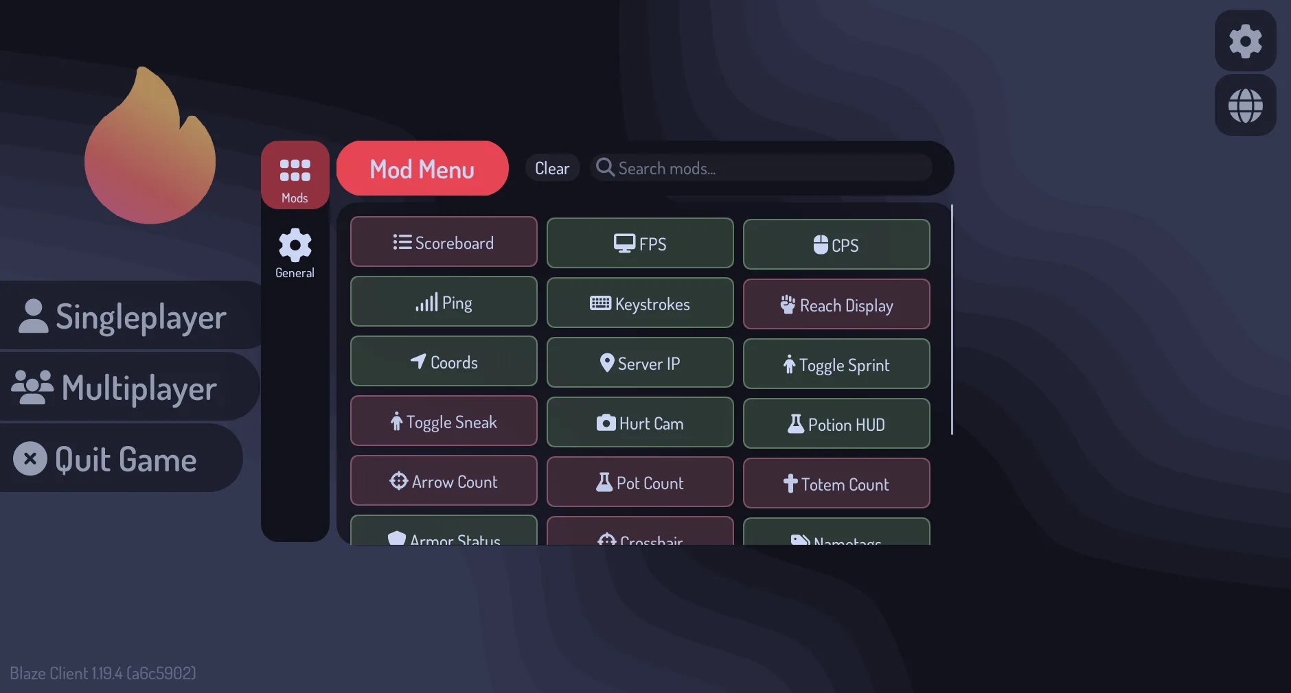 Меню модификаций клиента Blaze Client.