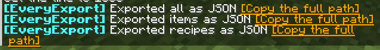 Сообщение в чате Minecraft при использовании команды экспорта в моде EveryExport.