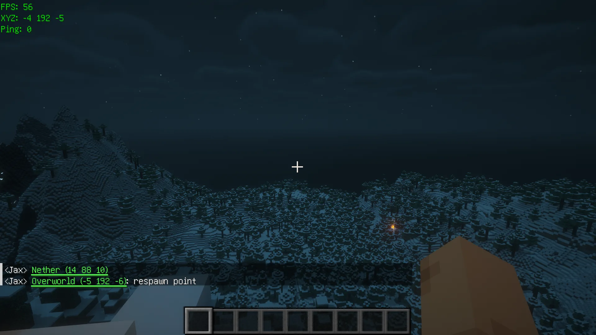 Скриншот примера использования мода TP Chat Command в Minecraft.