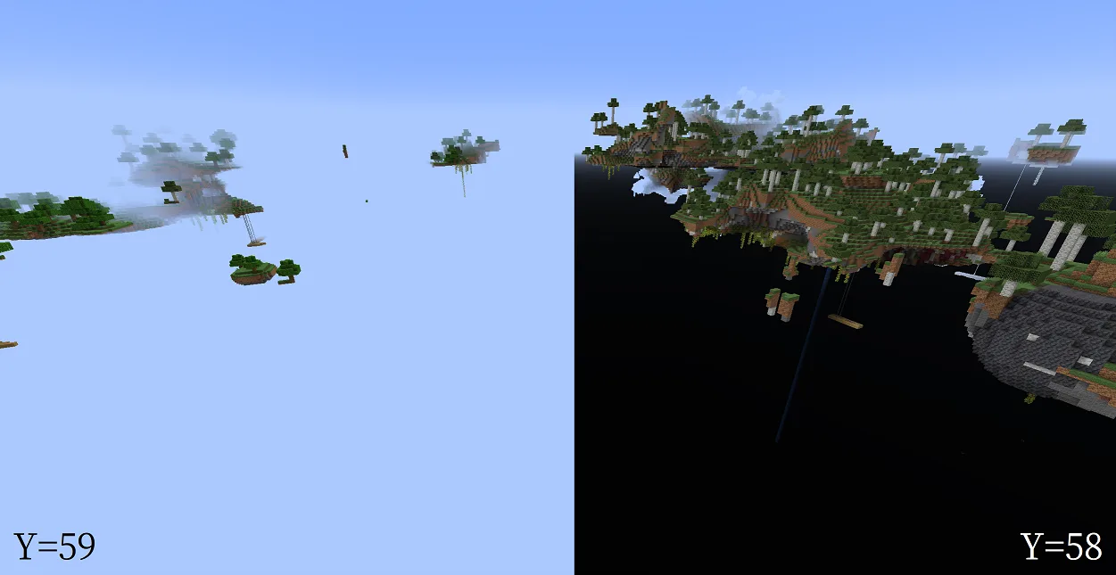 Вид на пустоту в Minecraft с черным фоном вместо неба.