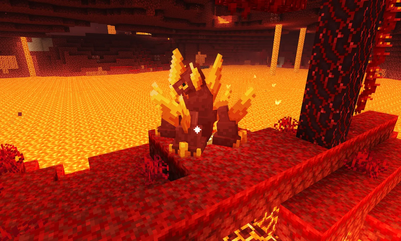 Игровая модель Nether Gold Giggalith из мода Cobbled Variants, стоящая в лаве.