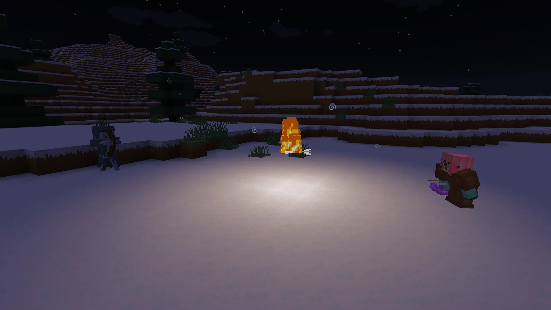 Скриншот из Minecraft с демонстрацией динамического освещения от мода LambDynamicLights во время дуэли с луками.