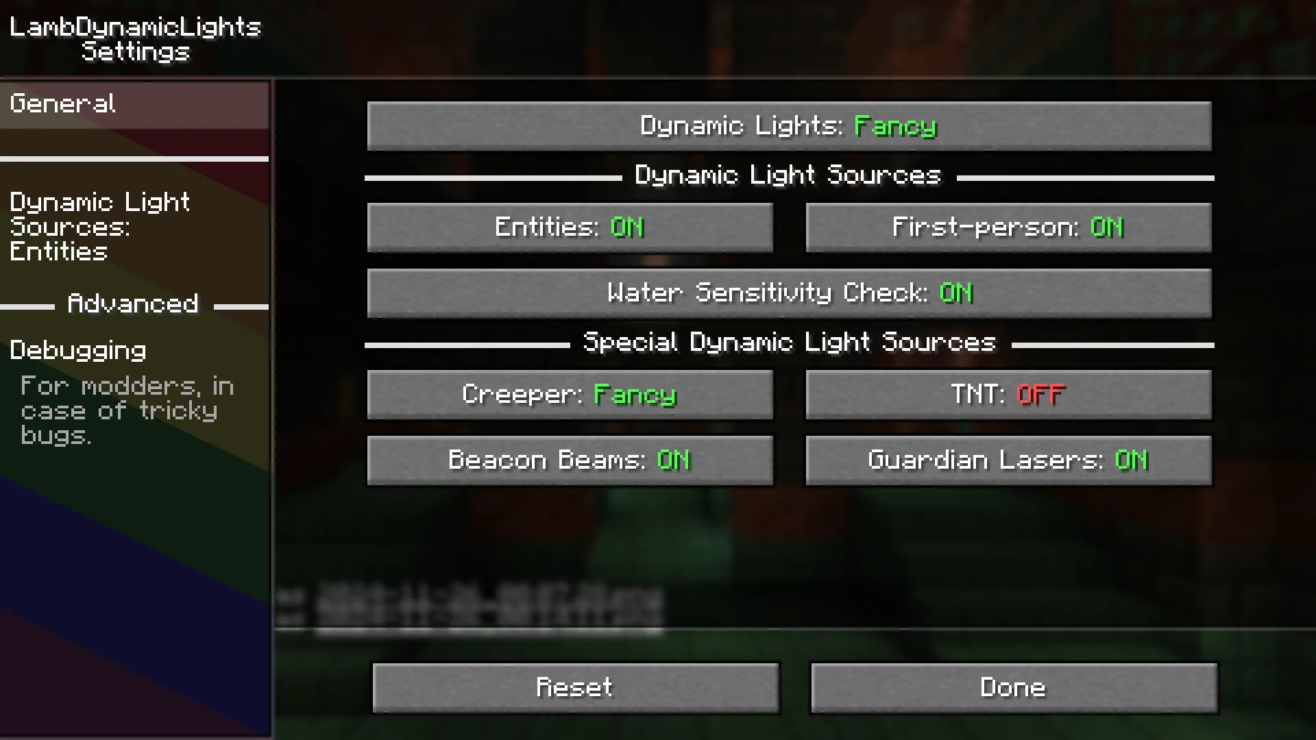 Экран настроек мода LambDynamicLights версии 4.0.0.