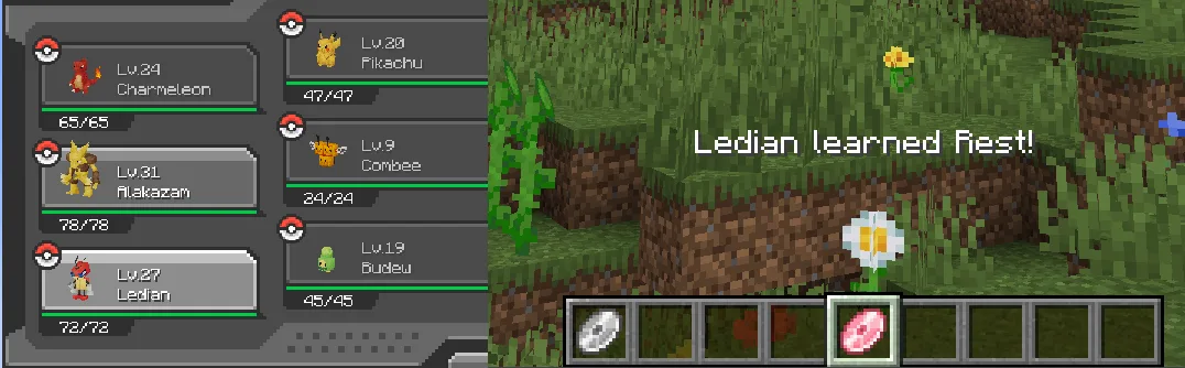 Интерфейс изучения технических машин (TM) в моде Cobblemon.