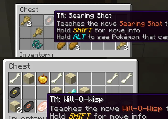 Предметы TM и TR в качестве случайной добычи в Minecraft.