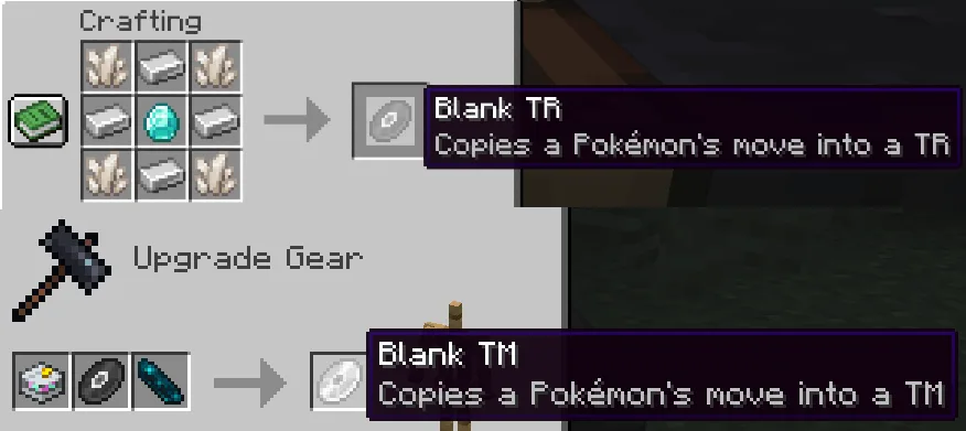 Интерфейс Minecraft с пустыми рецептами для предметов TM и TR из мода SimpleTMs.