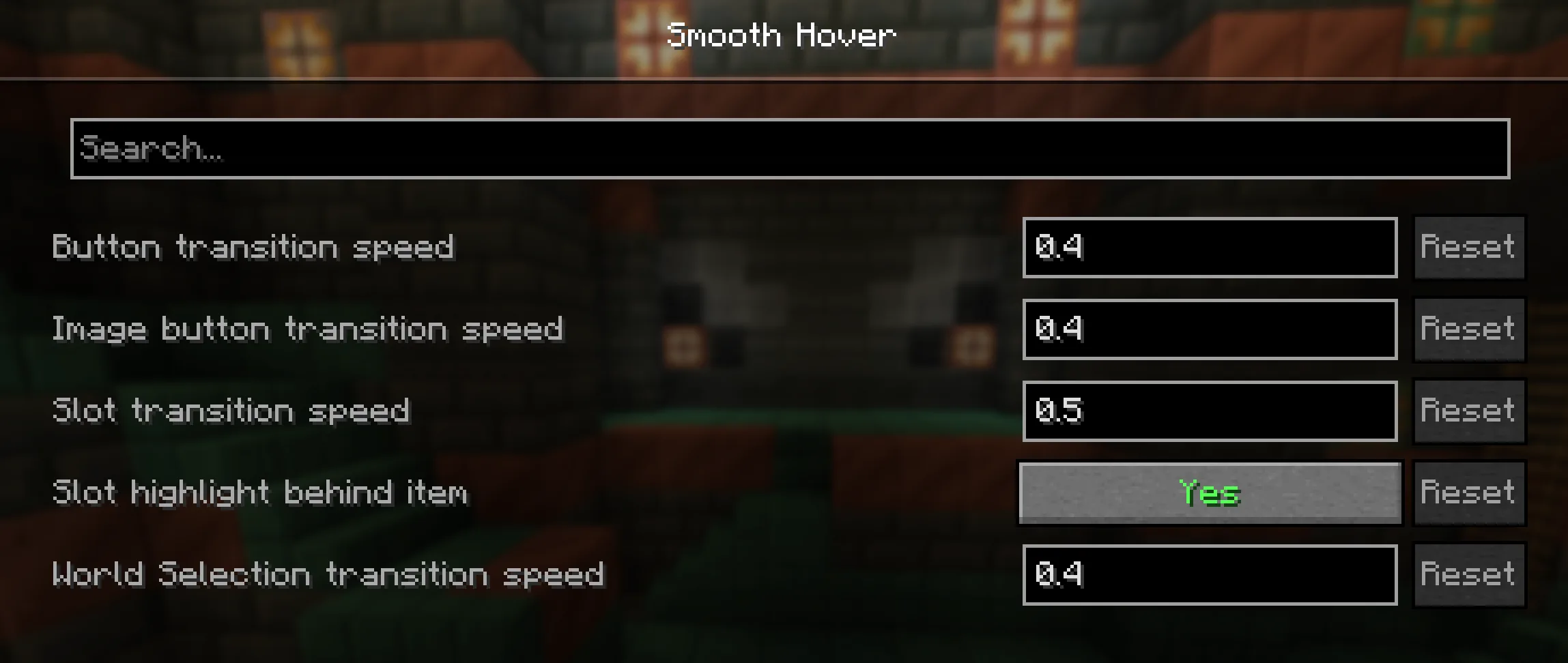 Экран конфигурации мода Smooth Hover.