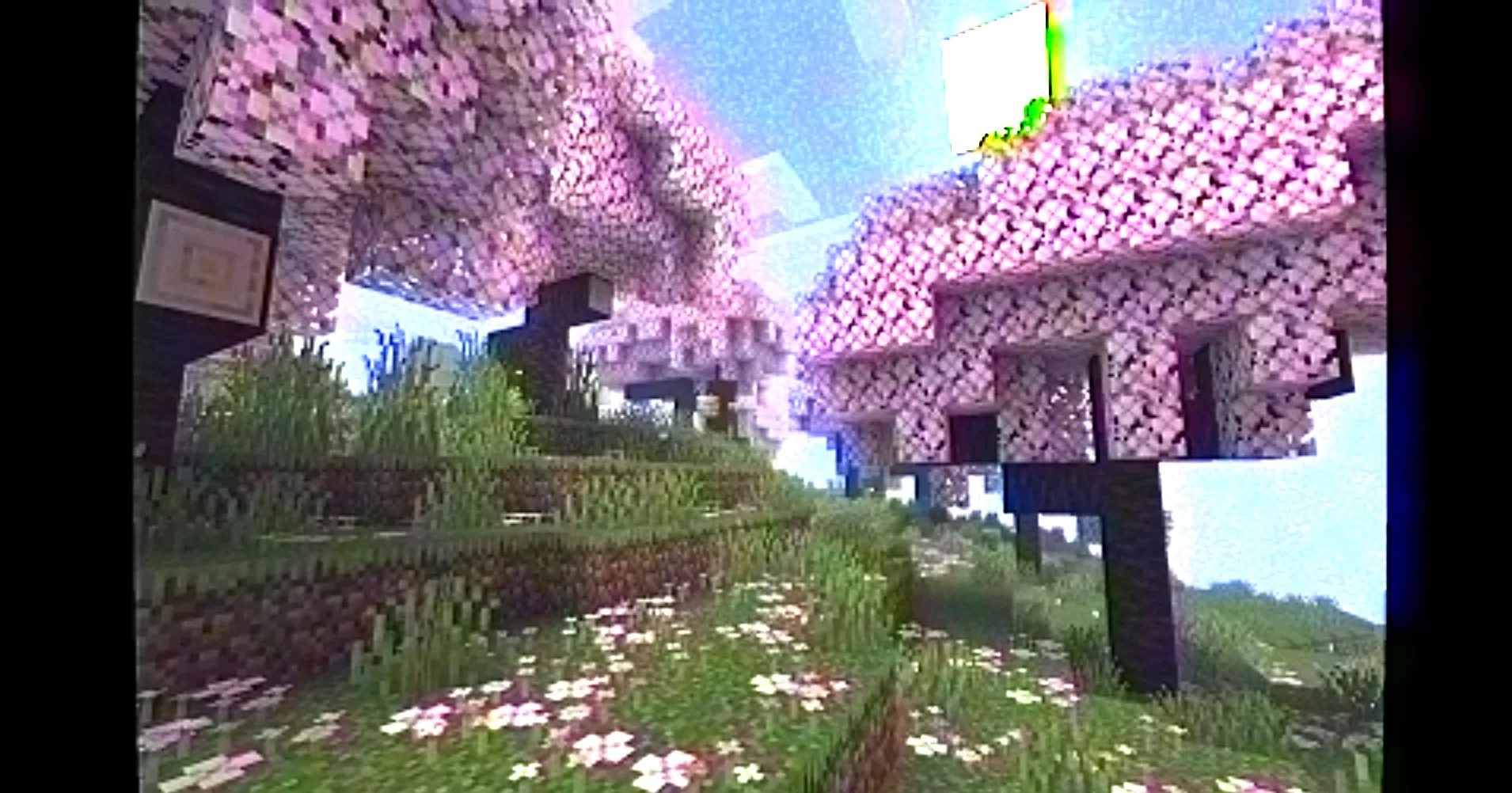 Вишневая роща днем в стиле VHS.