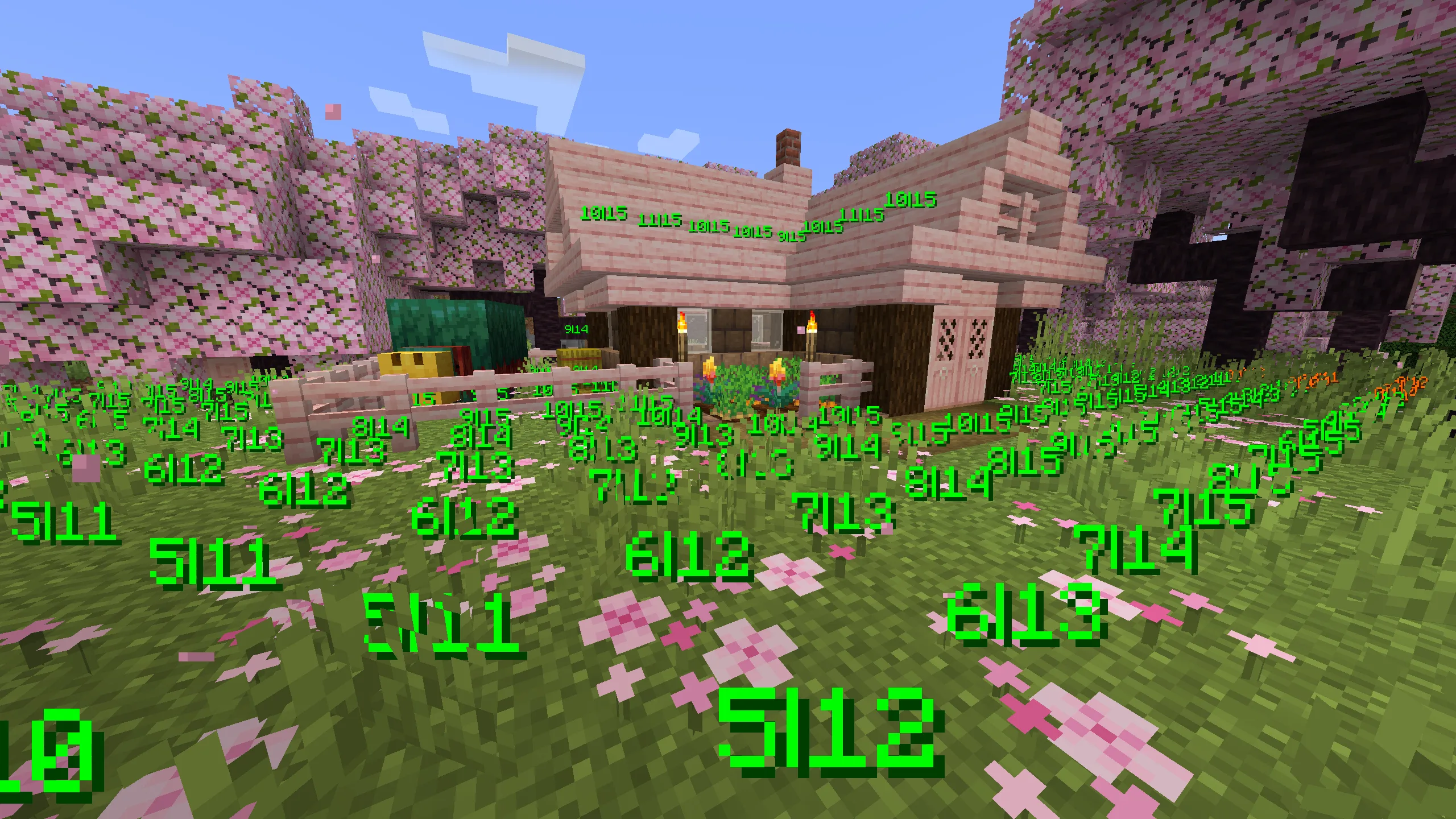 Скриншот мода Lighty с отображением уровней освещения на блоках.