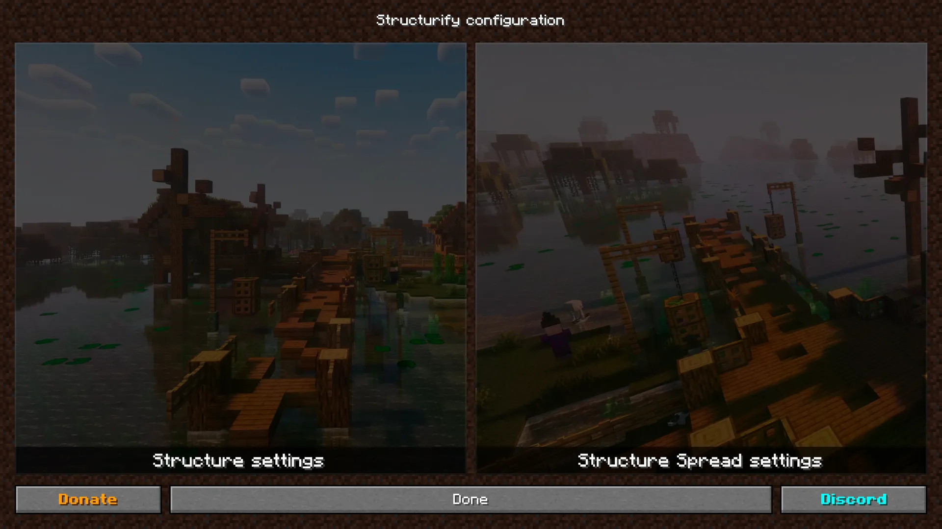 Меню конфигурации мода Structurify для настройки внутриигровых структур.