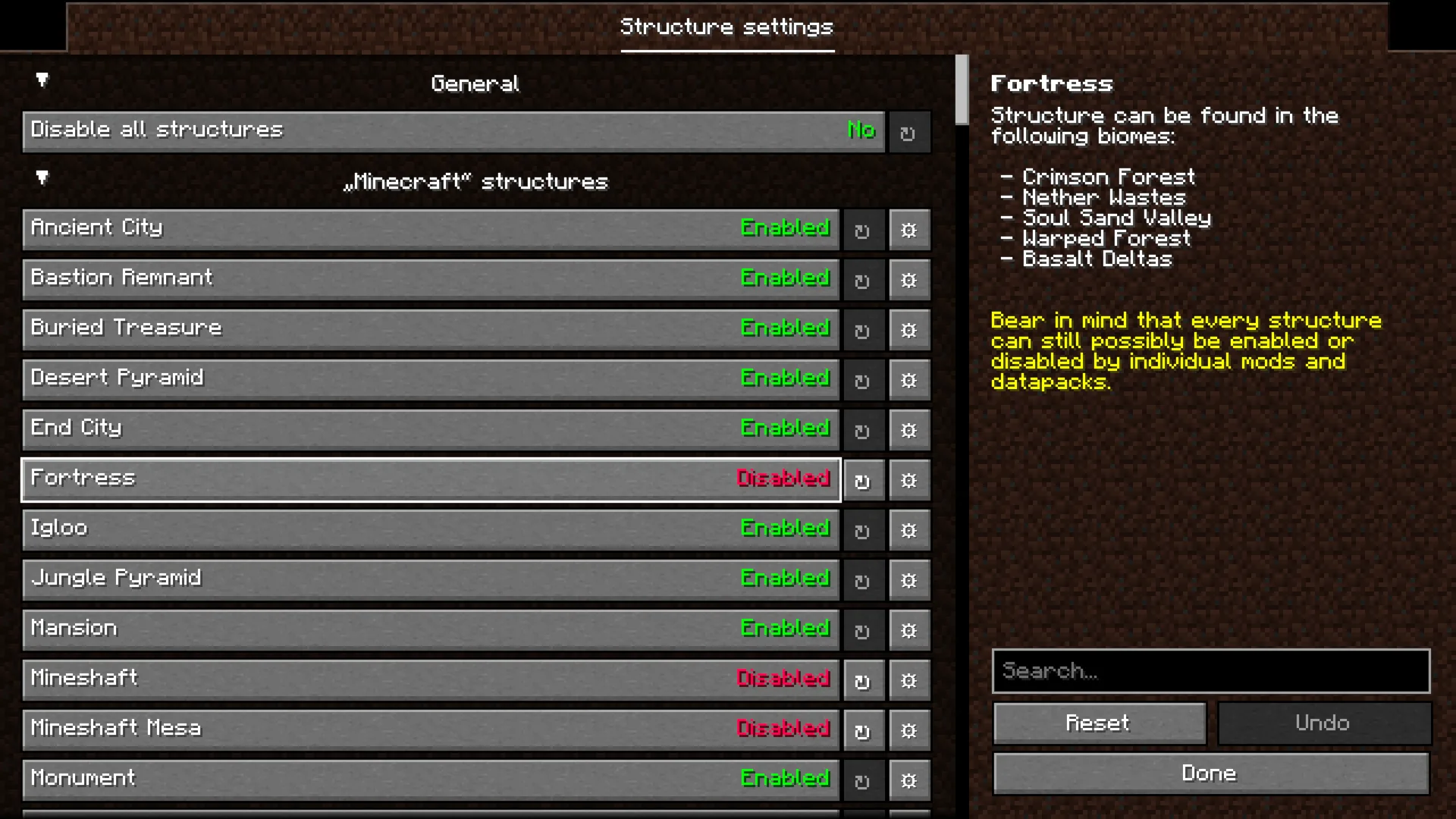 Меню настроек мода Structurify с категориями структур, отсортированными по модам и датапакам.