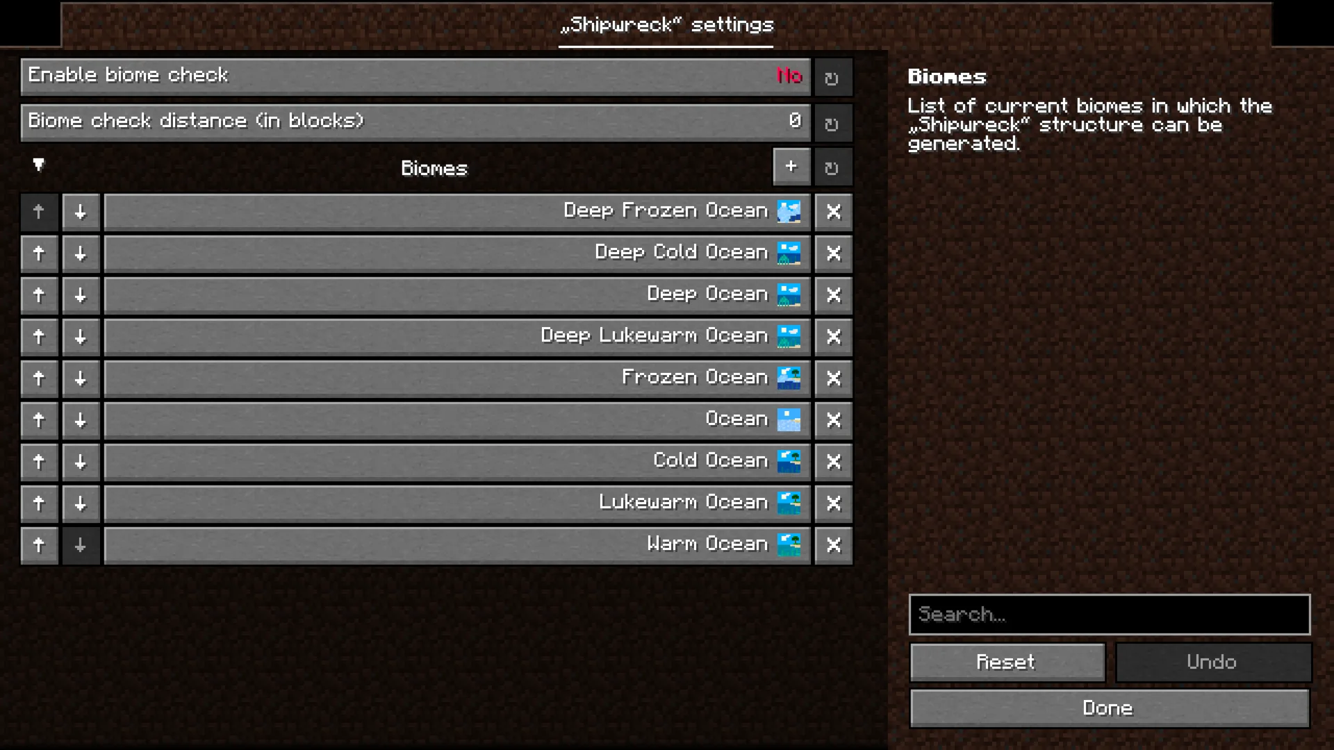 Настройки конфигурации структуры в Structurify с выбором биомов.