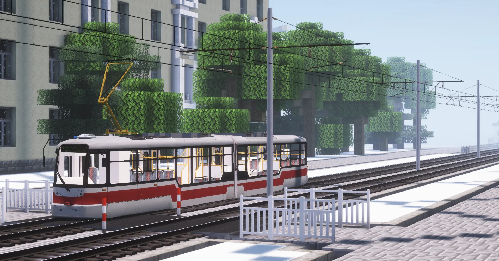 Трамвай модели Vario LF2 из ресурс-пака [MTR/NTE] World Tram pack для Minecraft.