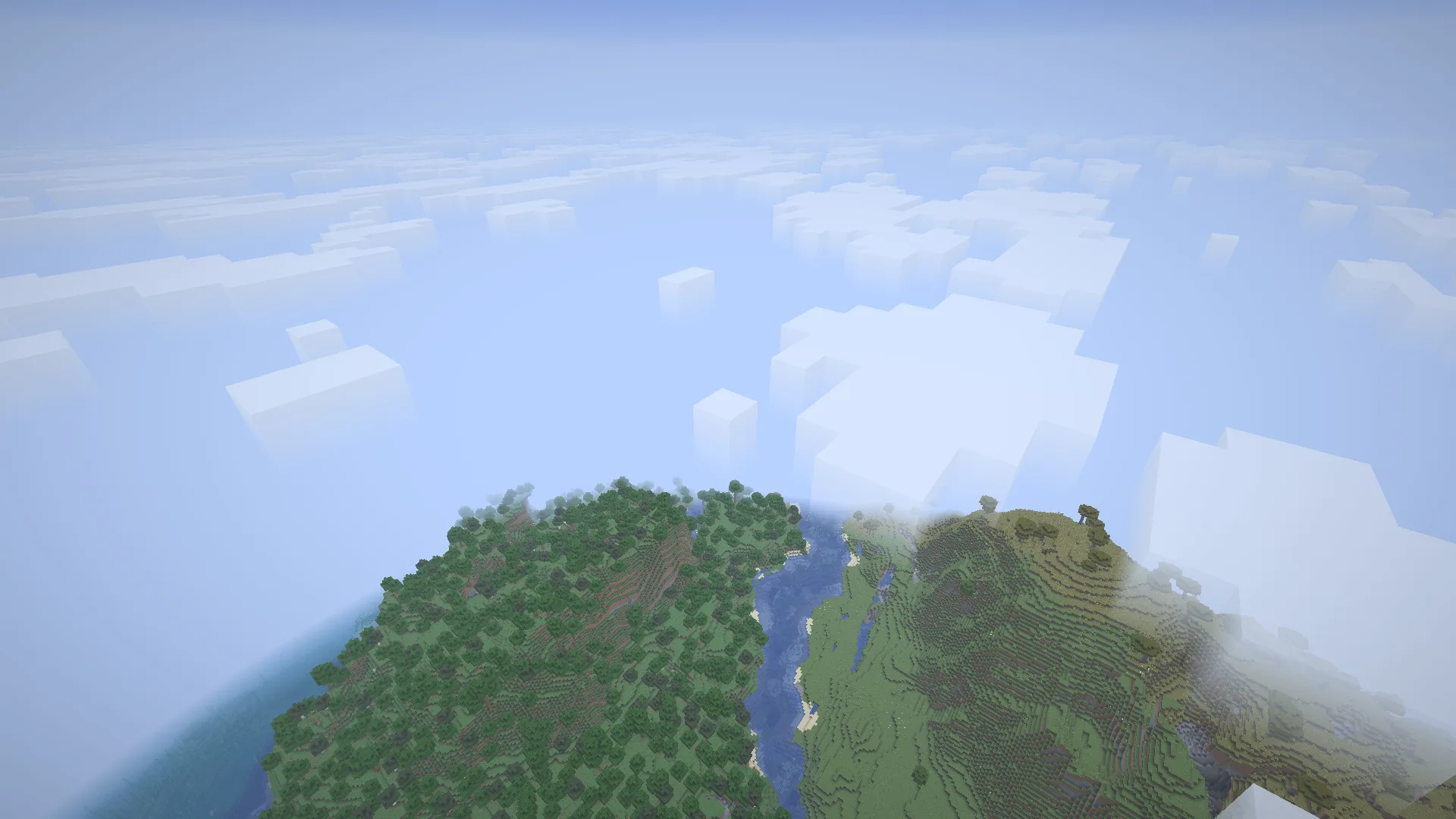 Перевернутый цветовой градиент в небе над облаками в Minecraft.