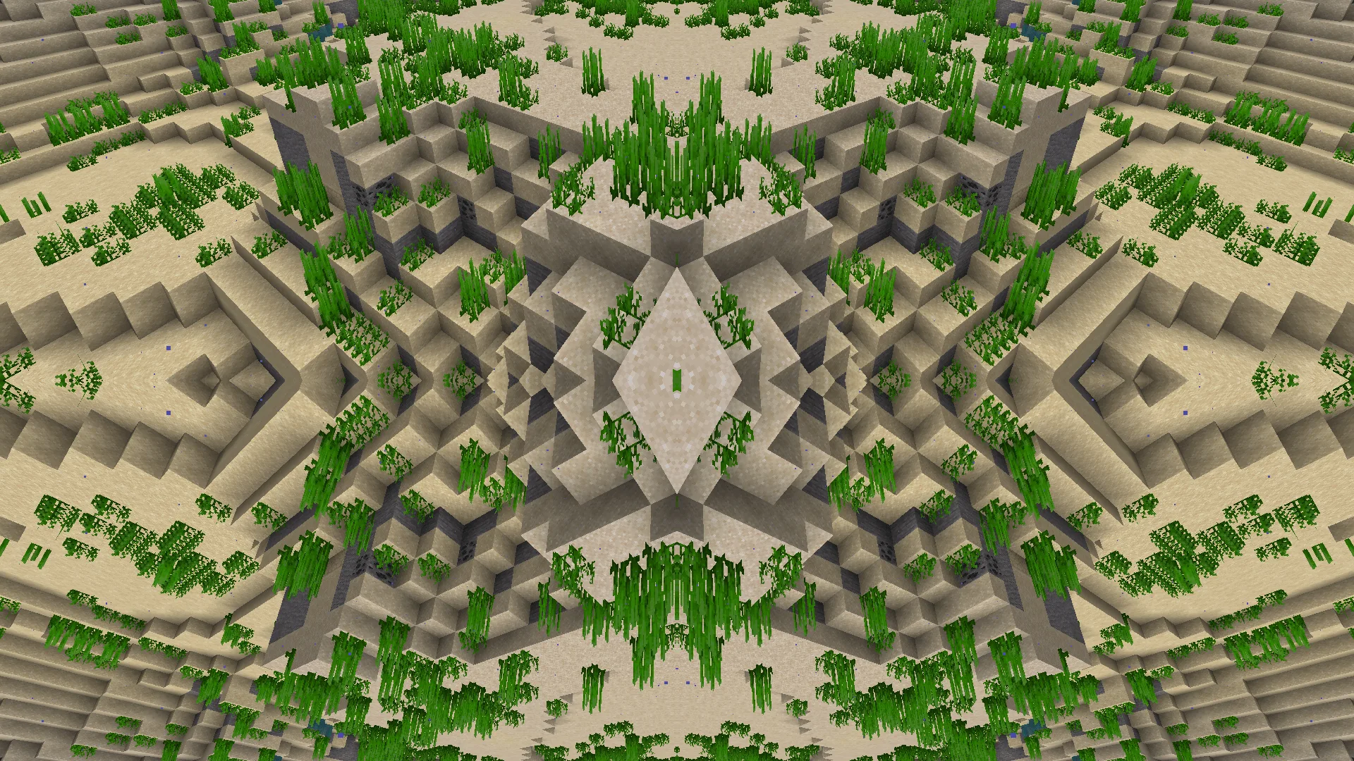 Шейдер Screen Mirror в Minecraft, создающий эффект калейдоскопа.